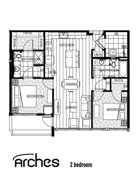 Floor plan for 2 beds, 2 baths, 863 sqft